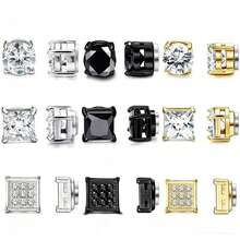 3pcs/Set 6-8MM Single Stainless Steel Ear Studs, Unisex, No Piercing Required, Round & Square Inlaid, Low Hypoallergenic, Clip-On Earring Set, 6mm - Square Magnet Set - View 9