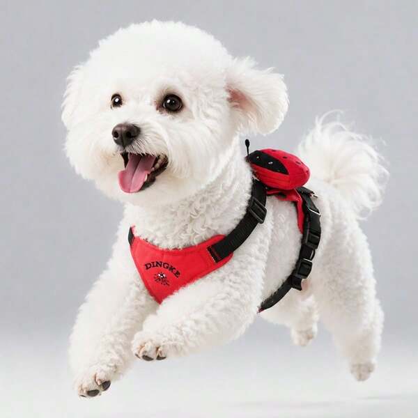 Red Ladybug Embroidered H-Style Dog Harness, Anti-Pull Escape, 4-Point Adjustable Custom Fit, Breathable Vest For Small To Medium Dogs. Multi-Functional Pet Pocket With Cute Monster Doll Decor, Can Be Used With Harness. Ample Space For Waste Bags, Small Treats, Pet ID Tag, Tracker Or Anti-Lost Card. Can Be Paired With Matching Leash, Ideal For Outdoor Walks And Travel.