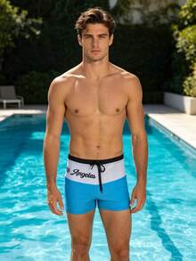 Men's New Front Printed Patchwork Solid Black Drawstring Waist Lined Square Leg Swim Trunks Fashion Casual Beach Vacation Hot Spring Water Play Swimwear - Multicolor - View 8