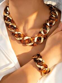 2pcs Simple Fashionable Exaggerated Old Money Style Chunky Chain Necklace & Bracelet Jewelry Set For Women, Sisters, Vacation, Date, Daily Casual, Wedding, Gift - Multicolor - View 1