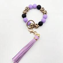 1pc Acrylic Bead Bracelet Tassel Keychain, Leopard Print Silicone Keychain, Beaded Bracelet Keychain, Leather Tassel, Wrist Keychain, Fashion Accessory, Portable Key Ring - 122-purple - View 2