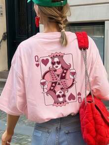 1 pieza Camiseta de mujer de manga corta y cuello redondo, suelta para el verano, con estampado temático de "Reina de Corazones" en vino tinto, adecuada para la oficina, salidas, uso diario, - Verde - Ver 6