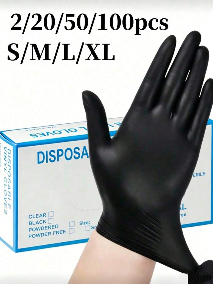 2/20/50/100入 黑色一次性丁腈手套，無乳膠防水防靜電多用途工作手套，無粉，適用於廚房、浴室、居家、染髮、美容院、繪畫、手工保護手套 [無包裝盒] - 黑色 - 查看 1