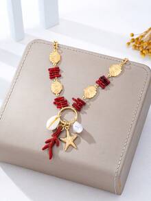 1pc Fashionable Multi- Ocean Series Metal Shell & Red Coral Beaded Necklace, Suitable For Beach Vacation, Gathering, Seaside Party, Travel - Multicolor - View 3