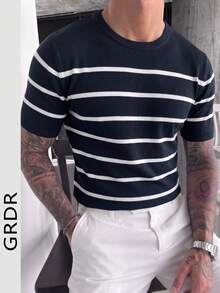 GRDR Men's Summer Knit Striped Short Sleeve Sweater, Versatile For Summer Socializing And Dining - Black - View 2