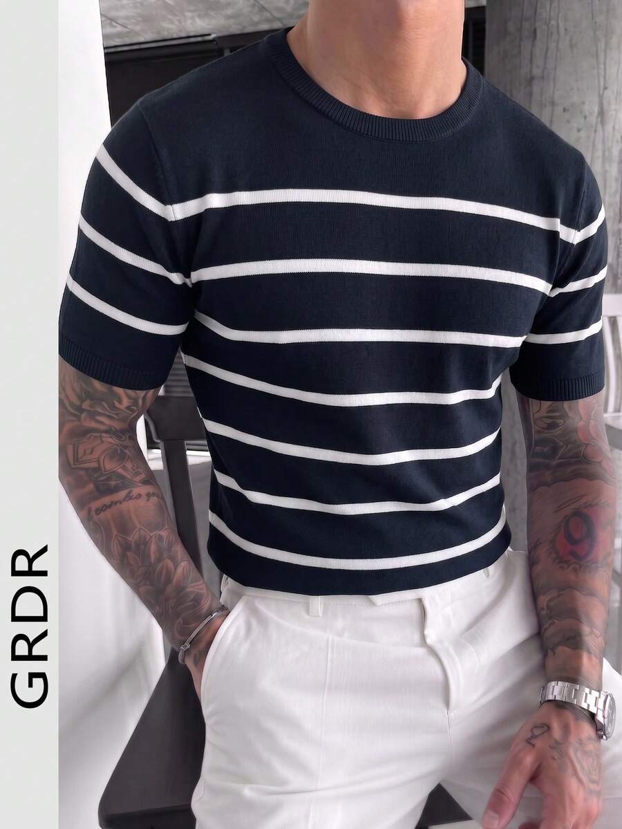 GRDR Men's Summer Knit Striped Short Sleeve Sweater, Versatile For Summer Socializing And Dining