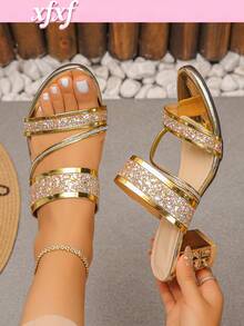 Teen Rhinestone Double Strap Thick Heel Sandals With No Heel For Easy Wearing And Taking Off, Suitable For Party/Daily Street Scenes - Gold - View 2