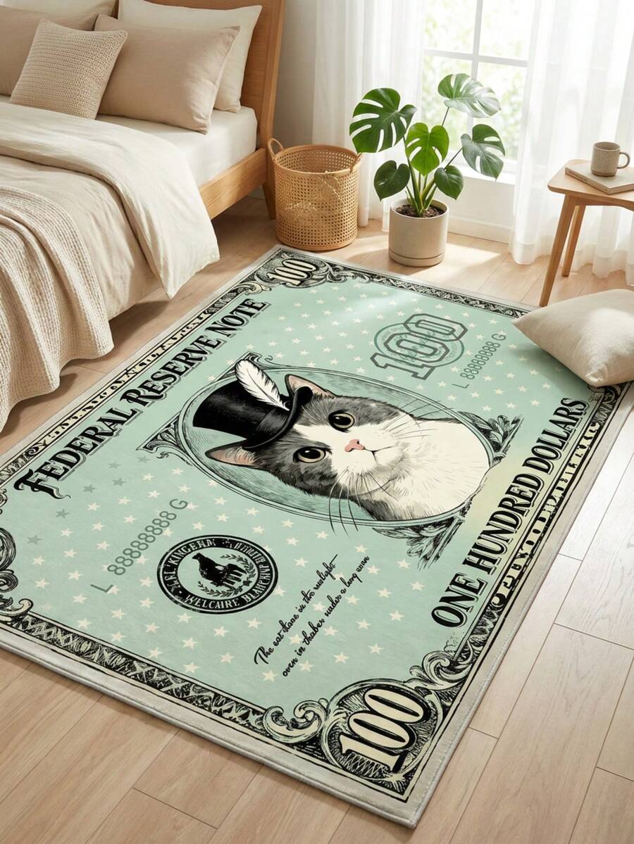 1pc Dollar Blue & White Cat Area Rug, Living Room Carpet, Rug, Living Room Area Rug, Small Area Rug, Mat, Home Decor, Large Living Room Carpet, Round Rug, Living Room Home Decor, Room Decor, Washable Carpet, Graduation Season Gift - US Dollar Blue and White Cat - View 1
