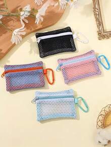 1pc Transparent Mesh Cosmetic Bag, Fashionable Portable Square Black Mesh Pouch, Flat Toiletry Storage Bag - Multicolor - View 1