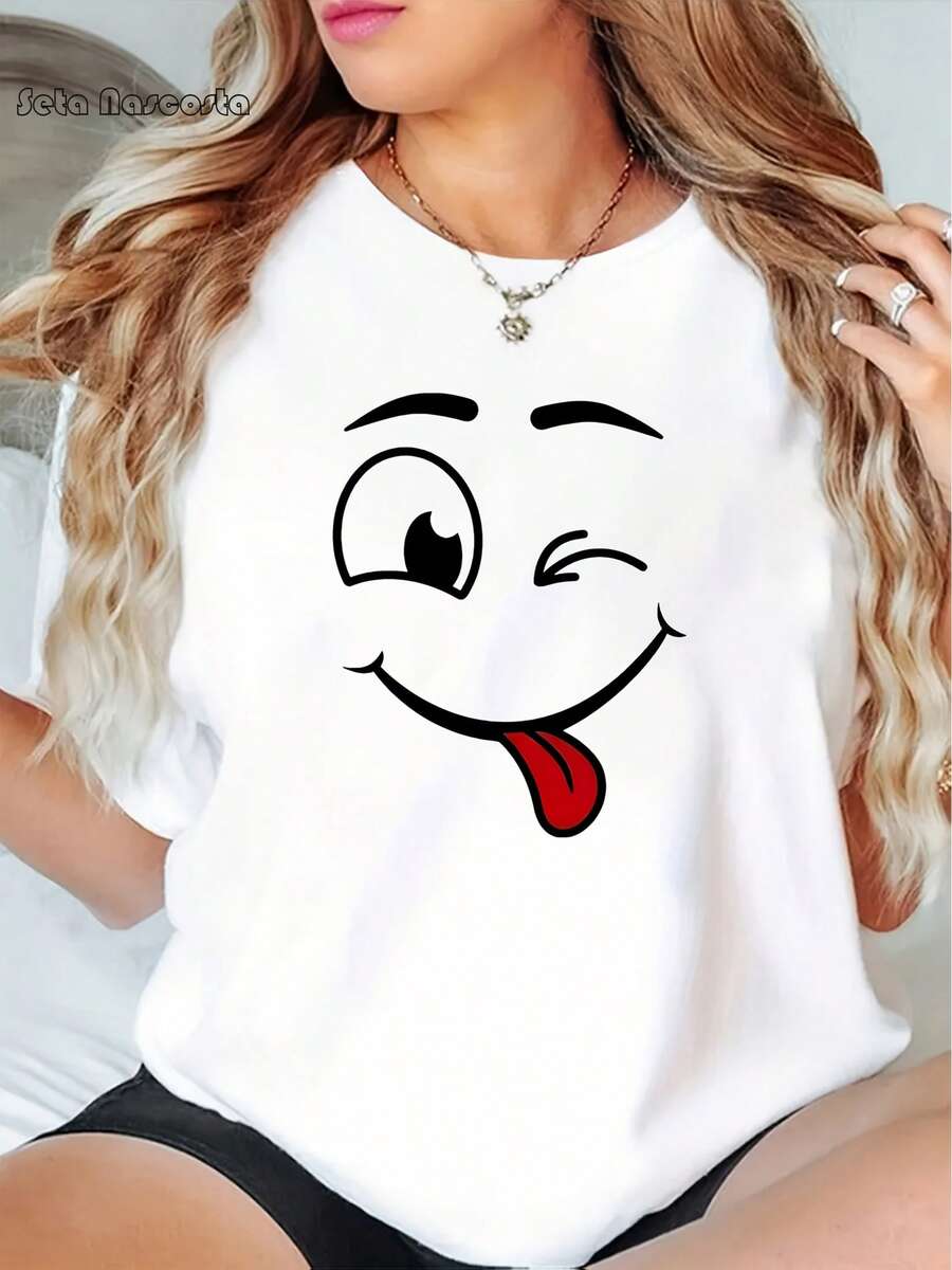 Playera Plus-Size con Estampado de 'Patrón de Sonrisa', Diseño Divertido en Manga Corta - Blanco - Ver 1