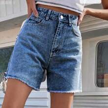 yonghongmaoyi1  Shorts vaqueros casuales con dobladillo deshilachado lavado para verano - Azul lavado oscuro - Ver 1