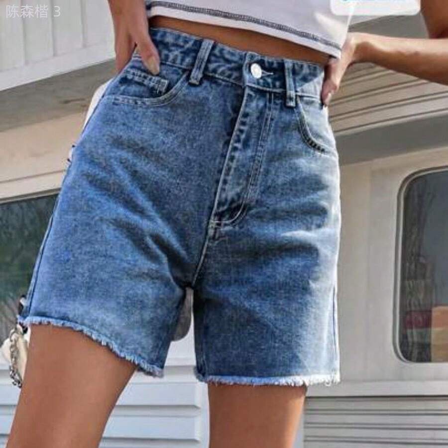 yonghongmaoyi1  Shorts vaqueros casuales con dobladillo deshilachado lavado para verano - Azul lavado oscuro - Ver 1