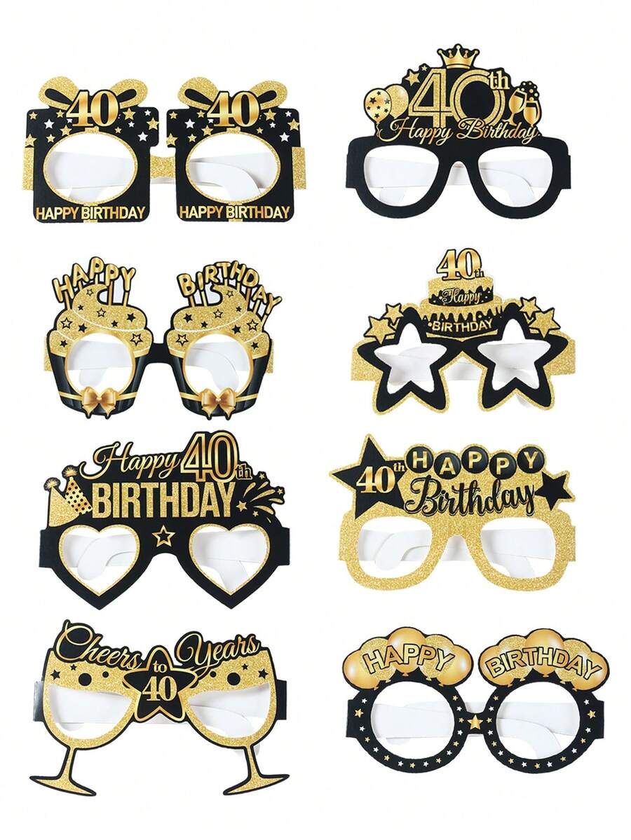 8入黑色與金色40歲生日派對紙杯、40歲生日派對拍照道具眼鏡、40歲生日派對裝飾、黑色與金色生日派對用品、拍照亭道具、生日派對小禮物、30歲生日裝飾、居家裝飾、生日派對配件、生日禮物、派對小禮物