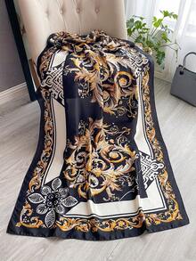 1PC Faux Silk Elegant Design Plant Floral Pattern Printed Scarf For Women, Long Shawl For Beach Vacation, Sun Protection, Beach Wrap, Fashionable Versatile Scarf, Suitable For Daily Outfit Matching And Decoration - Black - View 3