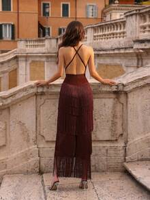 New Sexy Sleeveless V-Neck Spaghetti Strap Backless Rhinestone Tassel Elegant Long Dress For Women Wedding - Coffee Brown - View 8
