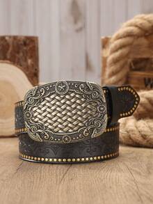 1pc Men's Western Style Large Buckle PU Leather Embossed Belt, Suitable For Jeans (Includes Hole Punching Nails) - BH1134 - View 12
