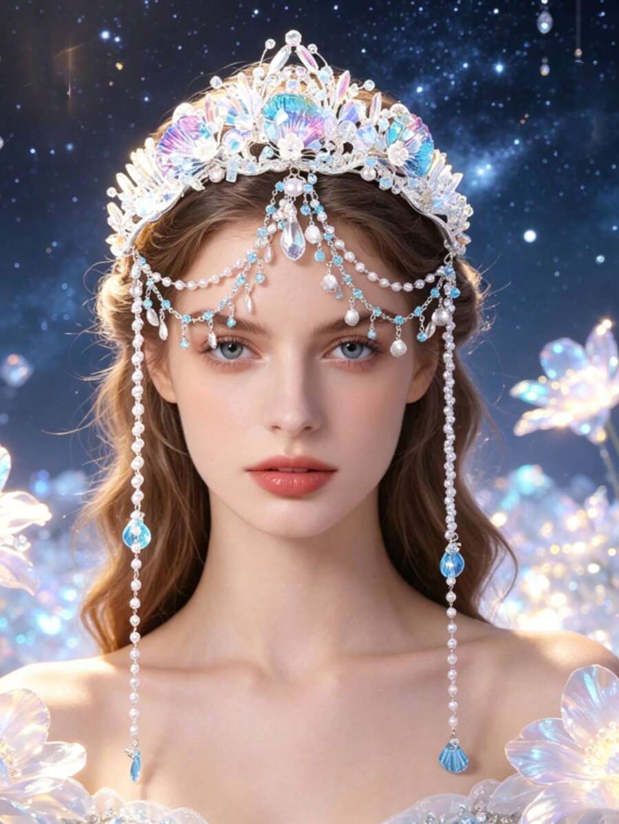 1件手工編織皇冠,海洋元素與長流蘇設計,生日派對 Cosplay 配件,Coronas - 彩色 - 查看 1