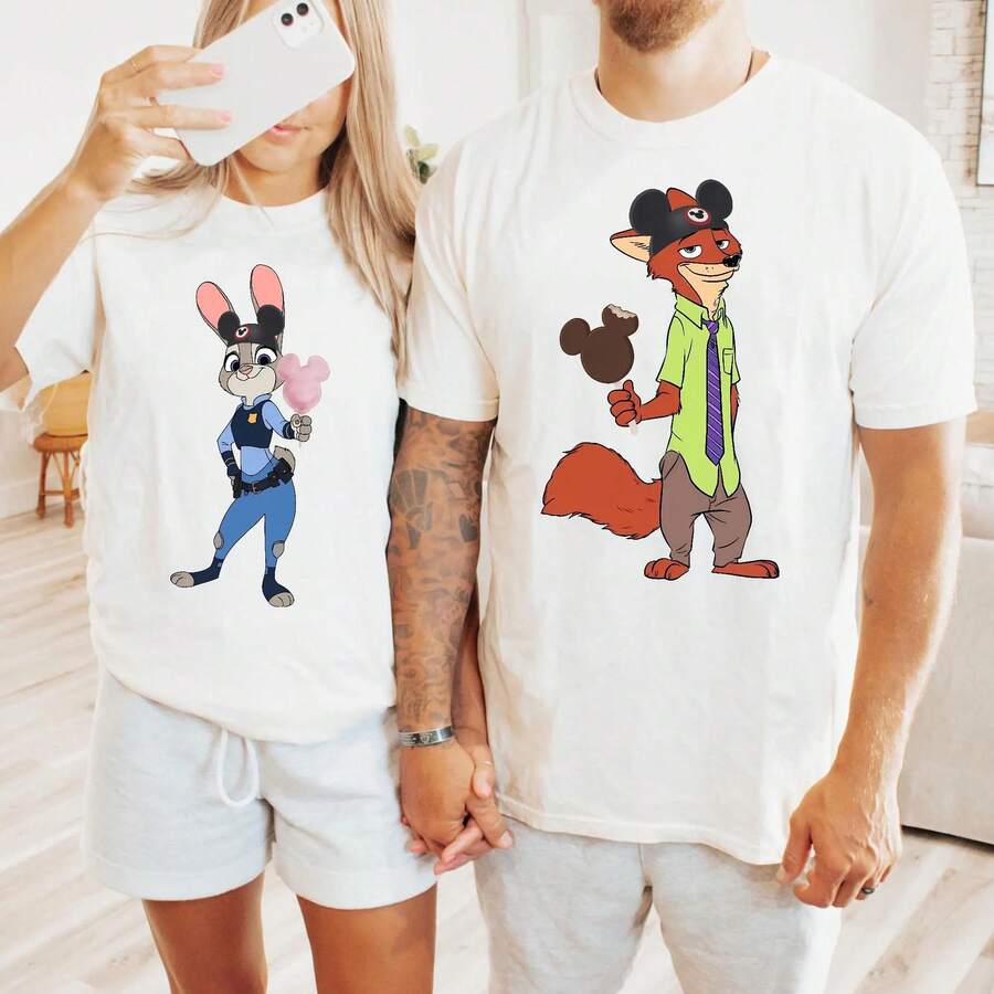 Disney Zootopia Couple Shirt Nick Wilde Judy Hoops Shirt Disney Zootopia T-Shirt Zootopia Children's Shirt Disney Couple T-Shirt Ladies Oversized - 女士T卹 - 查看 1