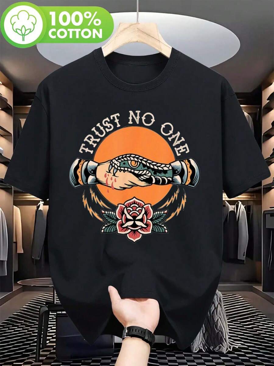 This Retro Tattoo-Style T-Shirt Features A Snake And Rose Design And Is Made From Premium Fabric That Is Soft, Breathable, And Weighs Only 180 Grams. This Unisex Black Crew Neck Short-Sleeved Shirt Is Suitable For All Seasons, Made From Lightweight Fabric, And Perfect For Street Style. - Black - View 1