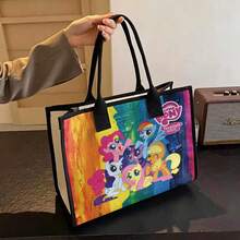 Miniso Little Pony Main Characters Group Print Canvas Tote Bag, Vibrant Rainbow Gradient Background Large Capacity Casual Handheld Shoulder Bag - Pink - View 3