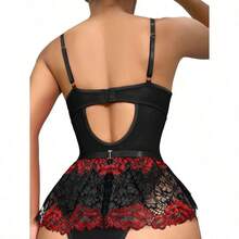 Lilosy Sexy Stocking Rhinestones Heart Garter Underwire Floral Mesh Lace Sheer Babydoll Lingerie Teddy Bodysuit Skirt Set - 花卉黑紅 - 查看 2
