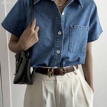 yonghongmaoyi1  Camisa vaquera casual de mujer con cuello de solapa y bolsillos grandes Y2k - Azul lavado oscuro - Ver 4