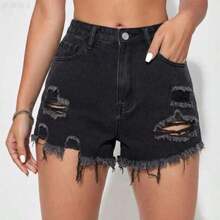 yonghongmaoyi1   Shorts vaqueros de mujer con bolsillos desgastados y deshilachados, de estilo casual - Gris Oscuro - Ver 1