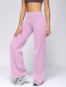 NcmRyu Women's 1pc Design Solid Color High Waist Tummy Control Straight Leg Sports Pants - Pink - View 6