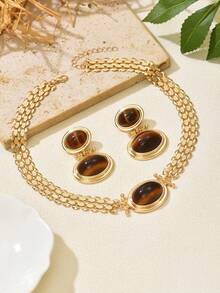 2pcs/Set French Vintage Black & Gold Metal Chain Necklace & Earrings Set, Women's Banquet Party Gathering Ball Versatile Daily Social Gift Jewelry Set - Set - View 6