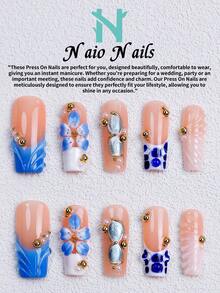 NAIO 10入/組 手工穿戴式假指甲，3種尺寸：棺材型/杏仁型/短方型，Y2K辣妹風，裸色/藍色/白色貓眼法式邊緣，3D花朵與金珠裝飾，奶油質感，適合女性與女孩，派對與日常穿戴，含工具組，禮物與美甲用品 - 彩色 - 查看 4