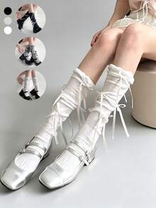 STAR RIVER 1 Pair Women's Thin Ballet Style Calf Socks, Solid Color Versatile Bow Knot Socks, Y2K Back To School Lace Socks - Multicolor - View 2
