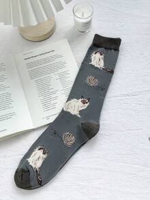 1/5 Paar blaue niedliche Katzenmuster lange Socken, Damen lustige lässige Tierserie Socken, atmungsaktive und feuchtigkeitsableitende Sportsocken, geeignet für Outdoor-Sport, Heimfitness, tägliches Pendeln - Verschiedenfarbig - Übersicht 9