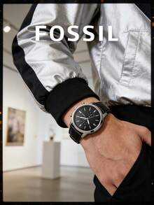 Fossil 男士極簡主義計時碼錶，拋光銀色錶殼黑色錶盤黑色光滑皮革錶帶，都市時尚手錶，適合科技辦公室日常通勤電競派對咖啡廳休閒，送給他的生日畢業喬遷理想禮物 - 黑色 - 查看 3
