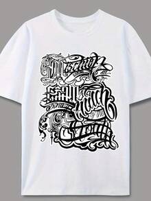 2026 Streetwear Men's Short Sleeve T-Shirts With Cursive Print, American Brand Design, Graffiti Letter Print, Unisex Short Sleeve T-Shirt, Couples Tops High S - White - View 1