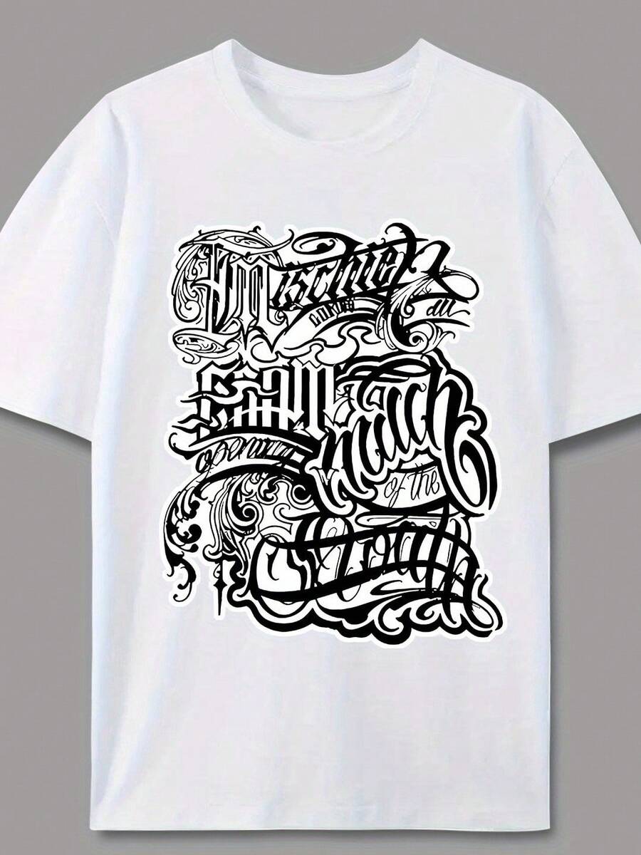 2026 Streetwear Men's Short Sleeve T-Shirts With Cursive Print, American Brand Design, Graffiti Letter Print, Unisex Short Sleeve T-Shirt, Couples Tops High S - White - View 1