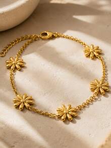 Zartes Gänseblümchen-Blumen-Gliederkettenarmband Boho Chic Sommer Strand Edelstahl 18K Gold PVD beschichtet wasserdicht anlaufbeständig Damenschmuck - Gold - Übersicht 6