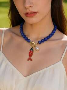 ZA Collar de mujer con colgante de pez pintado a mano y cuentas| Estilo bohemio náutico multicolor Regalo de Pascua Joyería para fiesta en la playa - Pez de metal C - Ver 2
