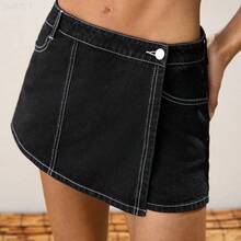jianchaimaoyi02 Maija Falda pantalón de mezclilla azul claro para mujer con diseño 2 en 1, versátil y casual estilo Y2K para volver al colegio, uso diario y otoño - Negro01 - Ver 5