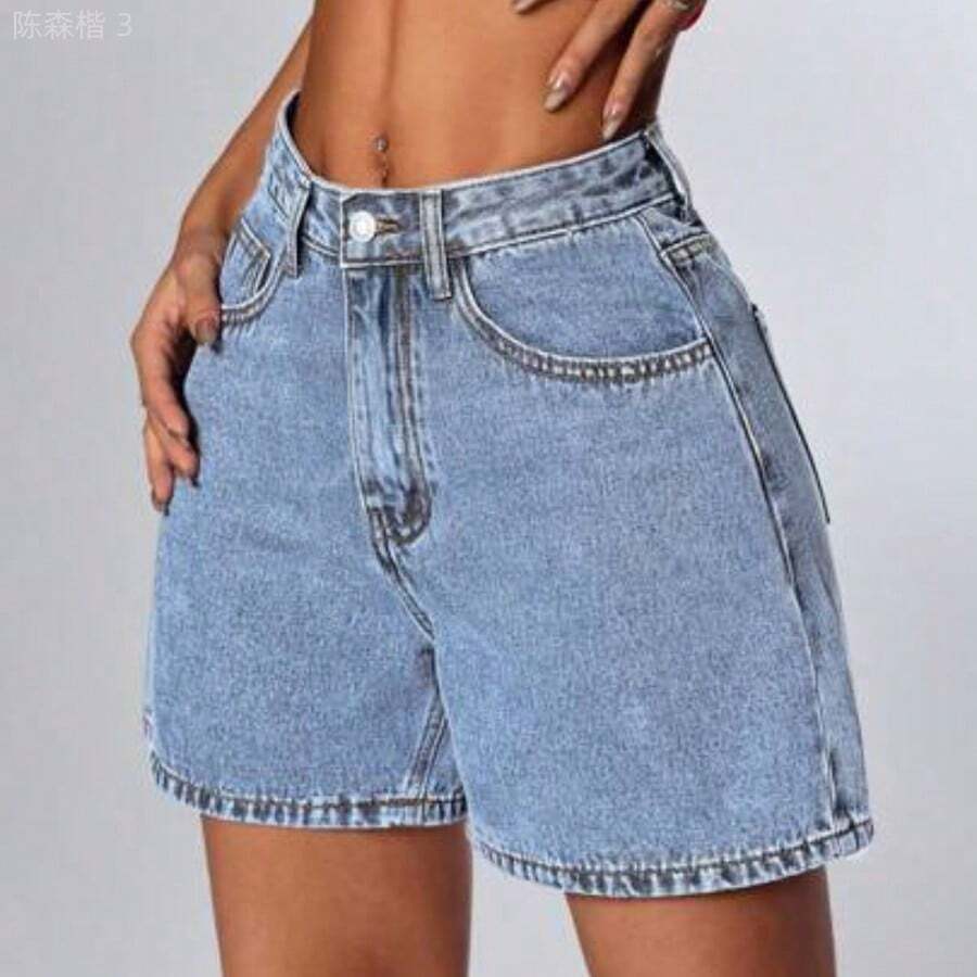 yonghongmaoyi1 PETITE Short de mezclilla lavado informal y minimalista para mujeres - Lavado ligero - Ver 1