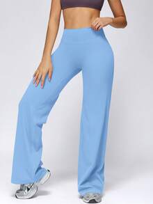 NcmRyu Celana Olahraga Wanita Model 1 Potong, Warna Polos, Pinggang Tinggi, Kontrol Perut, Potongan Lurus - Baby Blue - View 7