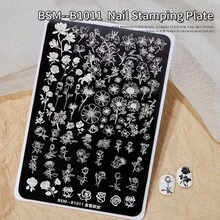 寶詩曼多風格美甲印花板，包含花朵、蝴蝶、玫瑰、煙火、蕾絲、蝴蝶結圖案，可重複使用的不鏽鋼美甲印花美甲工具 - 彩色 - 查看 10