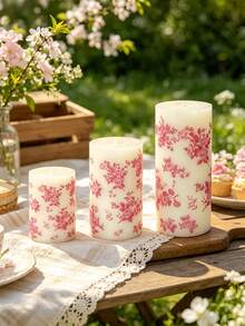 Pink Floral Print Cylindrical Candle, 1.96 Inch Romantic Rose Pink Pattern Design Candle, Smokeless Atmosphere, Decorative Candle, Perfect For Valentine's Day, Wedding Dinner, Birthday Party, Anniversary, Afternoon Tea, Picnic Scene, Home Decor - Pink Printed Column Wax - View 5