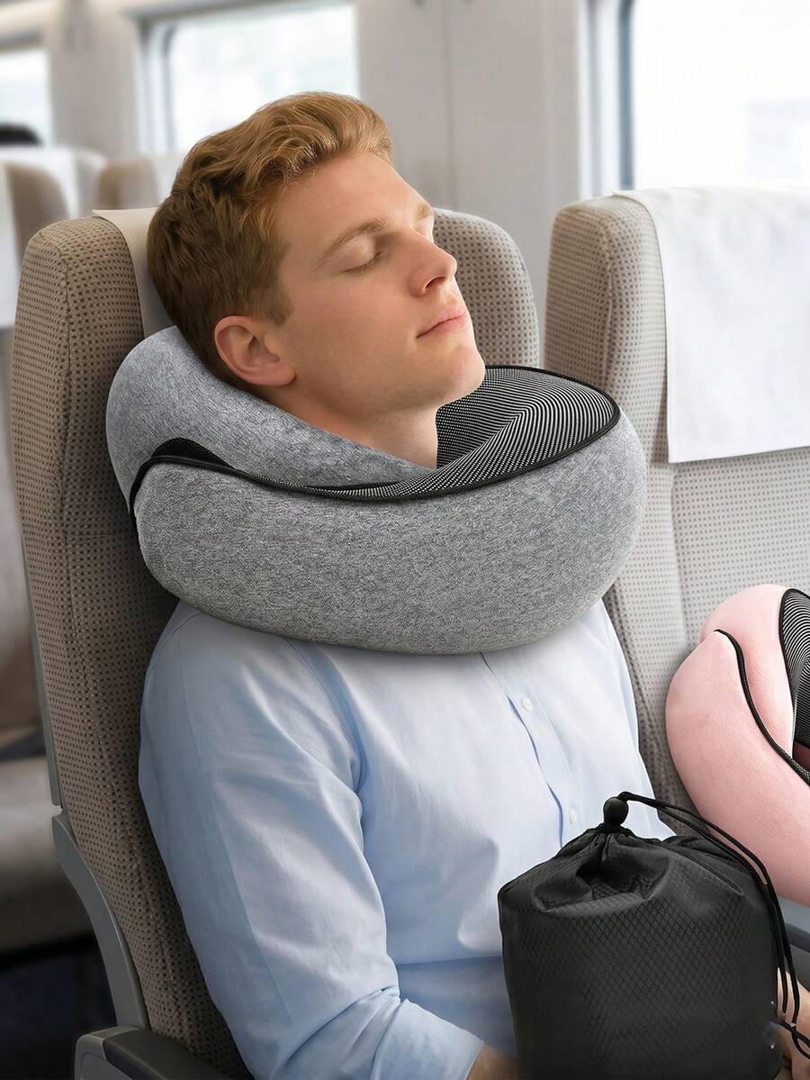 Travel Neck Pillows For Airplanes, Sleeping Essentials For Long Haul Flights, 360° Head Support, Car And Airplane Kit With Mesh Bag (Adult, Grey) - Multicolor - View 1
