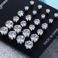 12 pares de pendientes de cristal para mujer, set de pendientes de strass de tamaños mixtos - Plateado - Ver 6