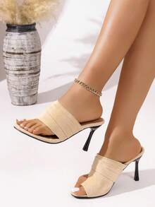 Chic Plus Size Stiletto Heel Slip-On Closed Toe Sandals, Fashionable Versatile High Heel Slides - Beige - View 7