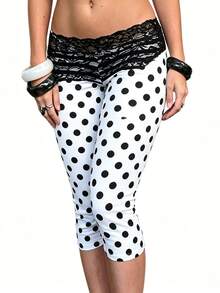 Womens Lace Trim Plain 3/4 Leggings Gym Stretch Capri Cropped Jogging Pants - White - View 5