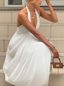 Women's White Pleated Halter Neck Deep V Long Dress, Elegant Wedding Guest Beach Vacation Formal Evening Wear Party Fall - White - View 7