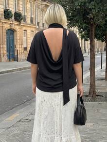 Blusa de mujer con cuello Mao y manga corta con lazo - Negro - Ver 1