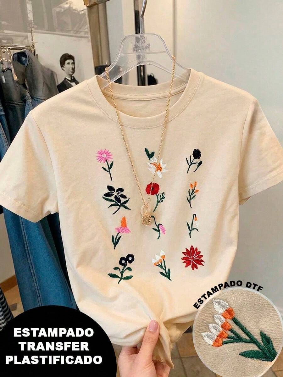 Playera estampada, con diseño de flores estilo bordado pero es estampado, colorida, casual, playera de manga corta, con cuello redondo, estilo minimalista, ideal para usar diario(Refreshing - Beis - Ver 1