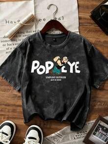 Camiseta de manga corta con estampado retro de agua en estilo americano, de ajuste holgado en rosa y blanco, de estilo casual para el campus en verano para mujeres - Negro - Ver 2